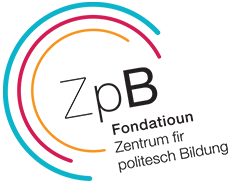 three concentric semi-circles in blue, cyan, orange to the left and top wrapping around the letters ZpB and subtitle in the center and bottom right
