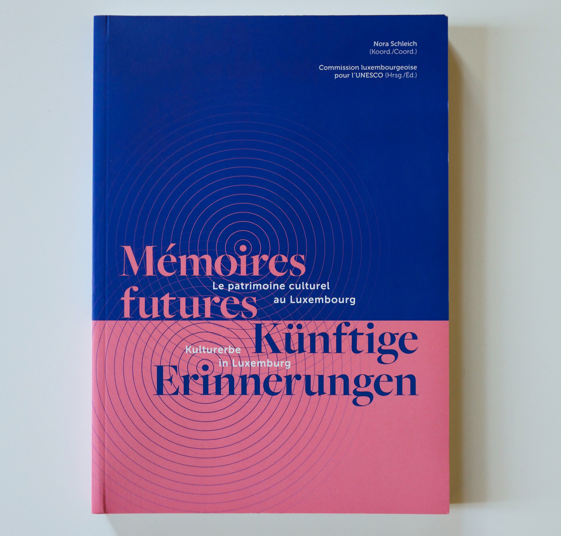 Book cover of 'Mémoires futures – Künftige Erinnerungen', half royal blue and half pink, with concentric circles rippling across