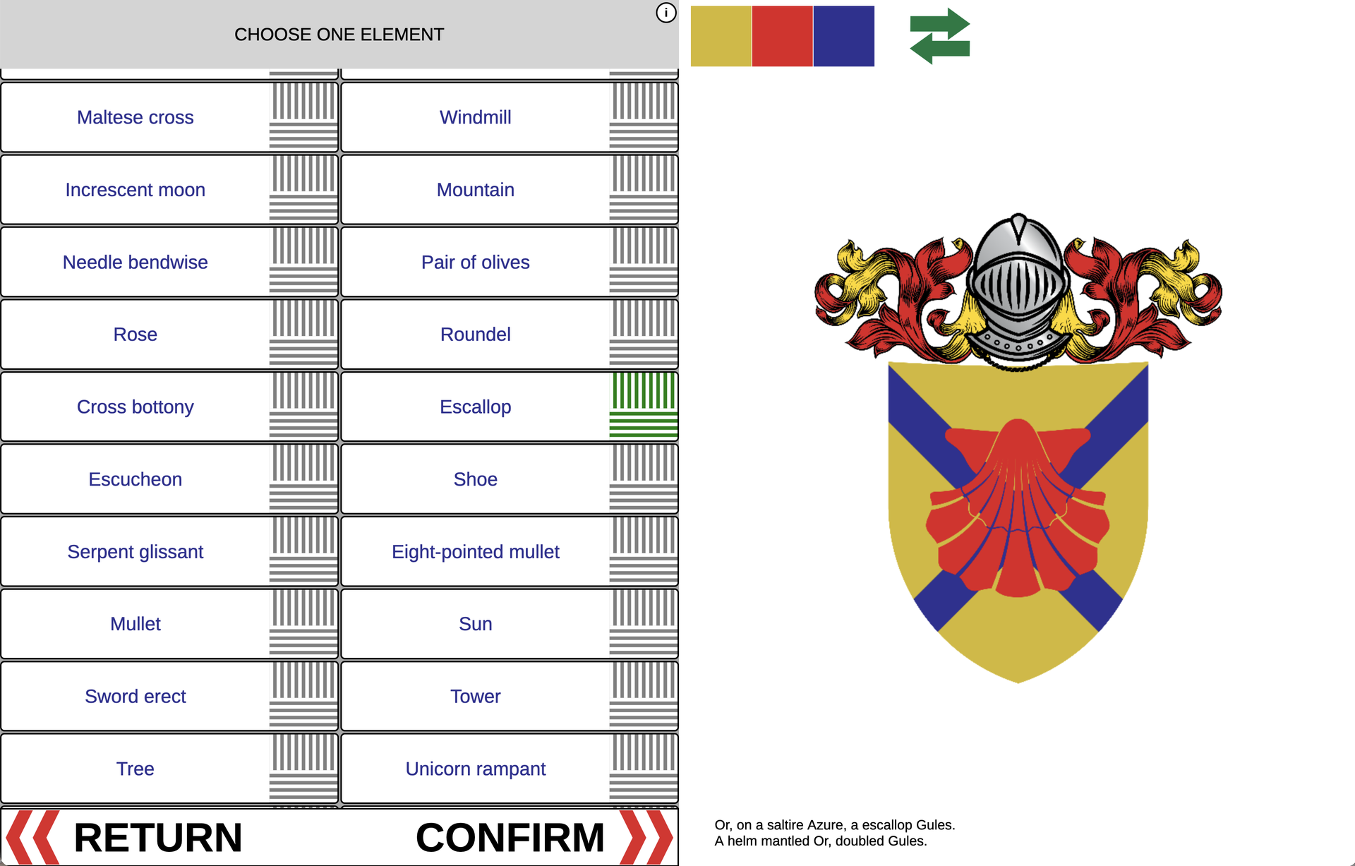 Application interface with a list of heraldic charges on the left, and on the right the resulting coat of arms: a red scallop on a blue saltire on gold, topped by a knight's helmet