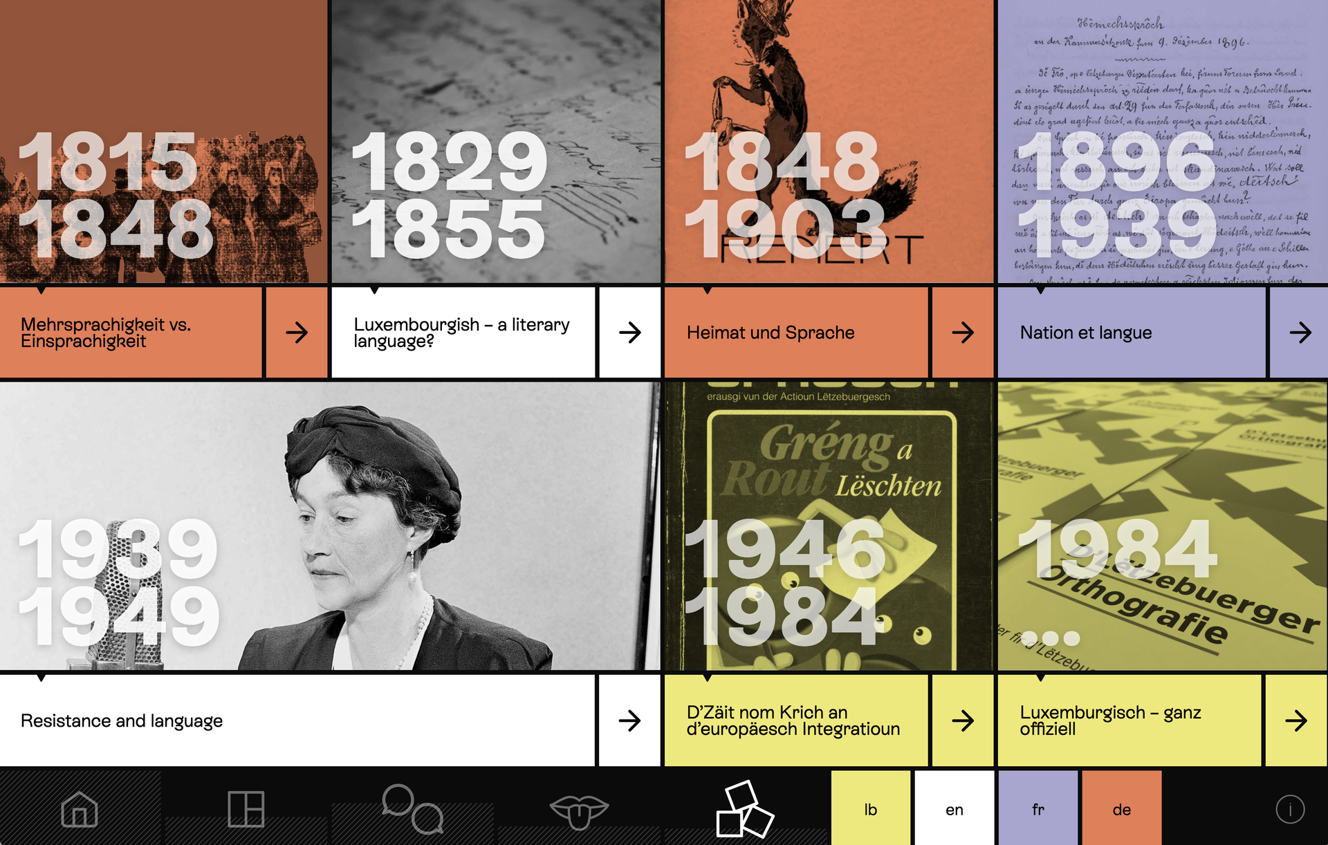Web application menu of colored tiles, each with a period like 1815-1848 in big white numbers over a historical image, and a chapter title below