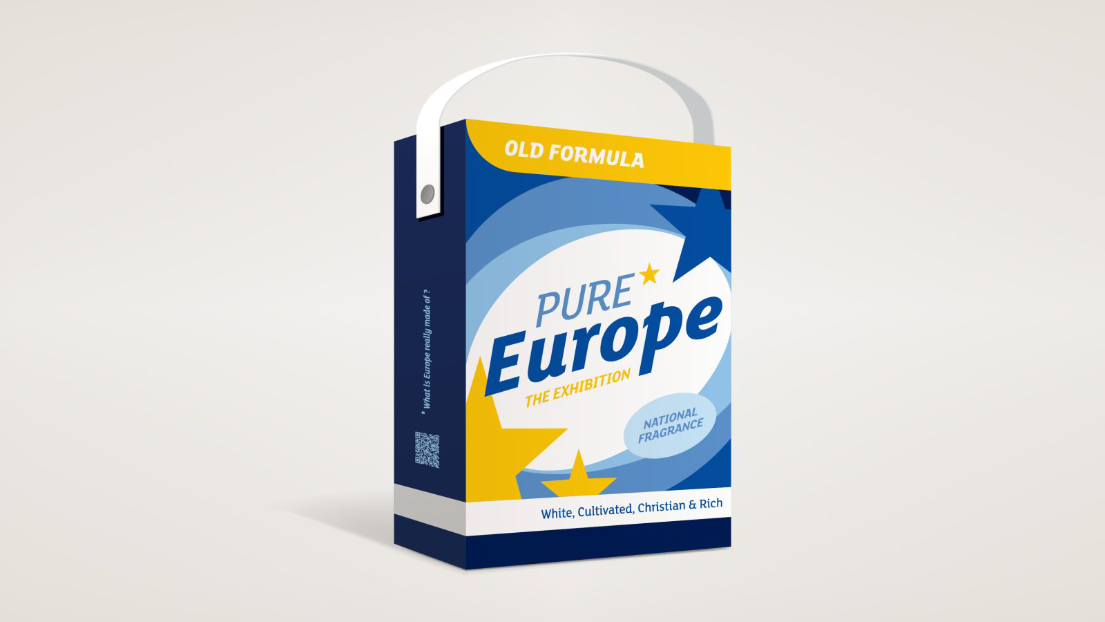 Posterized washing powder box in white, yellow and various shades of blue, tiled 'Pure Europe'